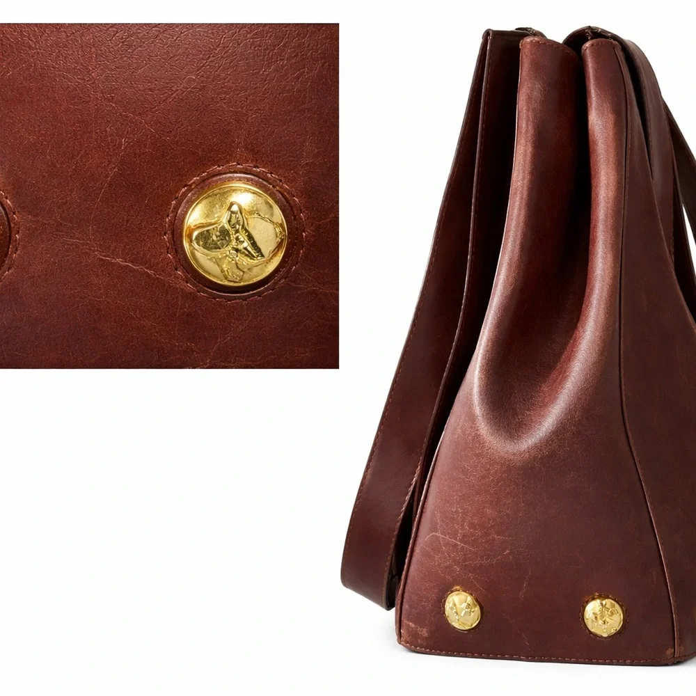 Rare Vintage Ferragamo Leather Bag Studded Gold Hardware Italy - Picture 3 of 12
